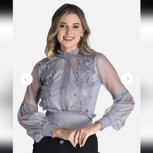 Elegant Sheer Lace Blouse - Gray
